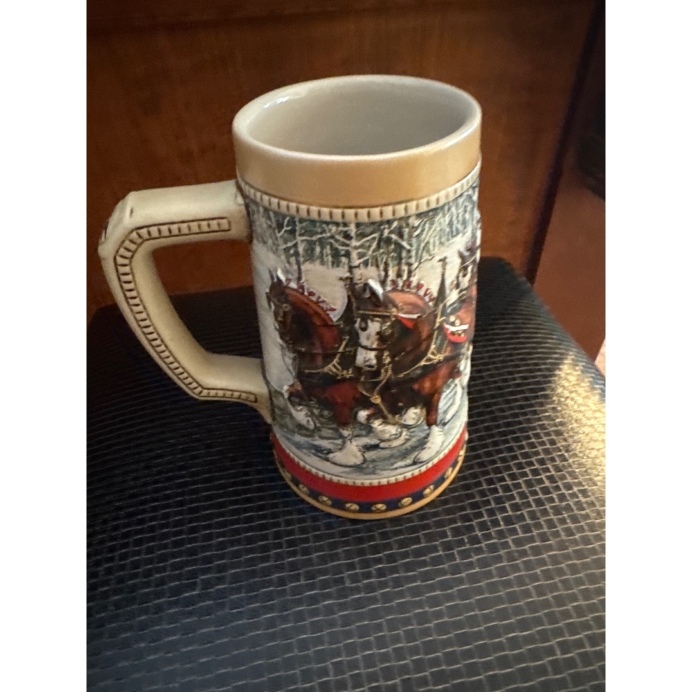 Budweiser Holiday Stein 1988 Clydesdales Scenic Winter Collectible Ceramic Mug